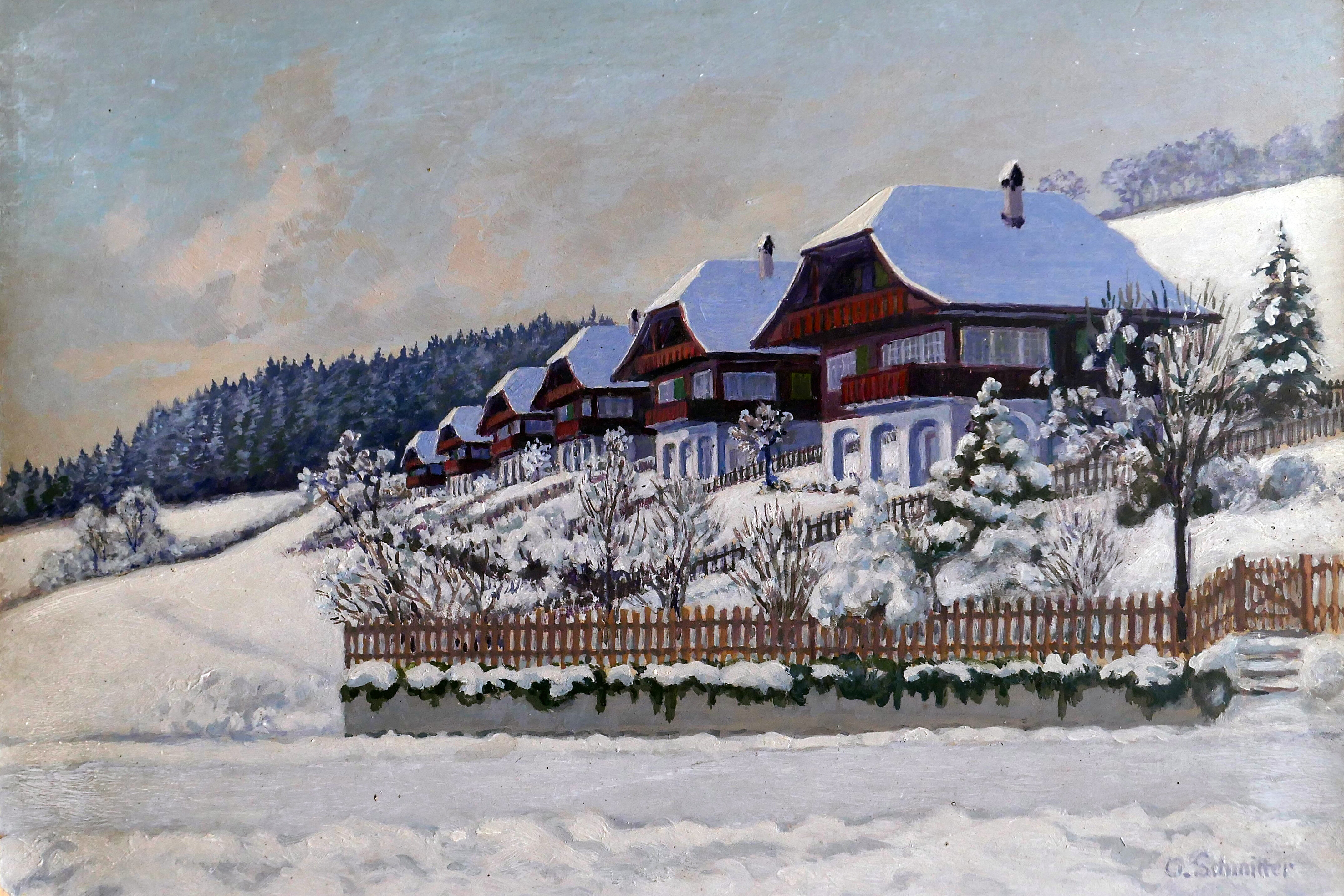 «Les chalets Sans Souci Goldiwil en hiver 1935»